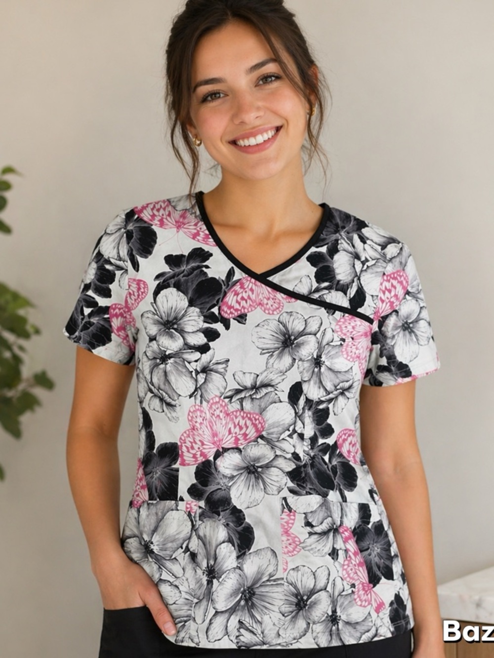 Sz Med Butterfly Floral Scrub Top Landau